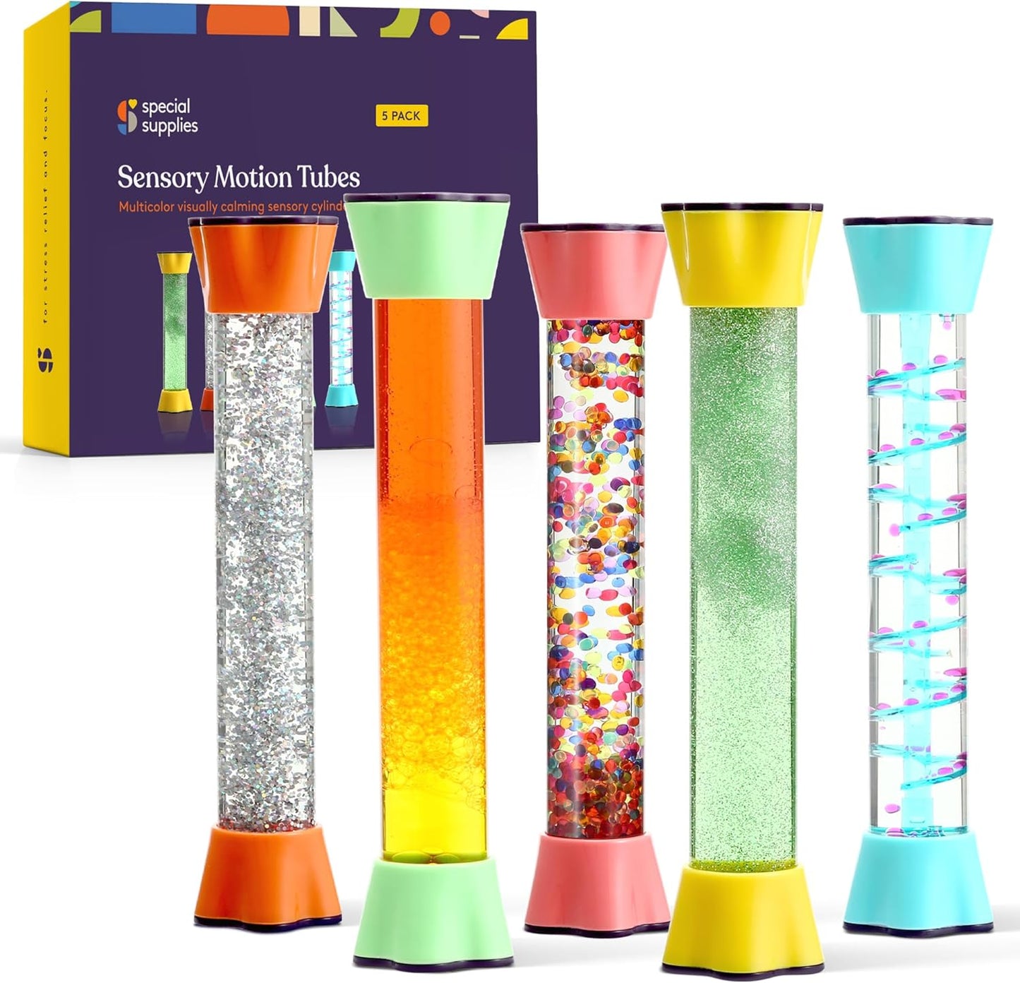 Five upright sensory motion tubes with silver glitter, orange, confetti, green, and blue