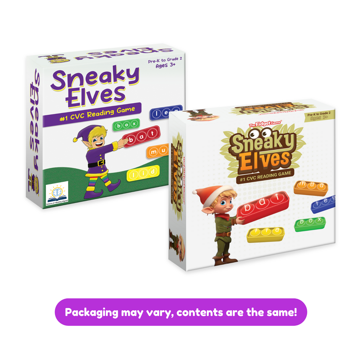 Elf-themed CVC reading word game box set with two product boxes