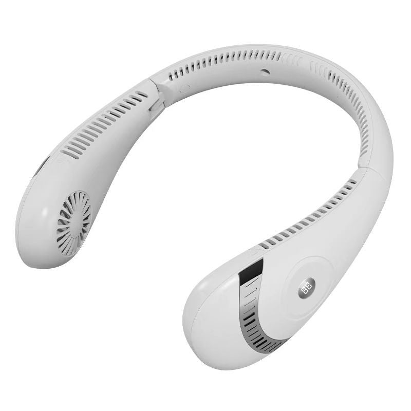 Portable hanging neck fan in white with vented fan ports and side control panel.