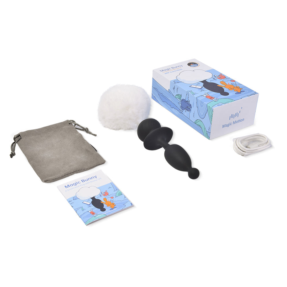 Bunny tail toy kit with black silicone plug, white fuzzy cover, pouch and cable