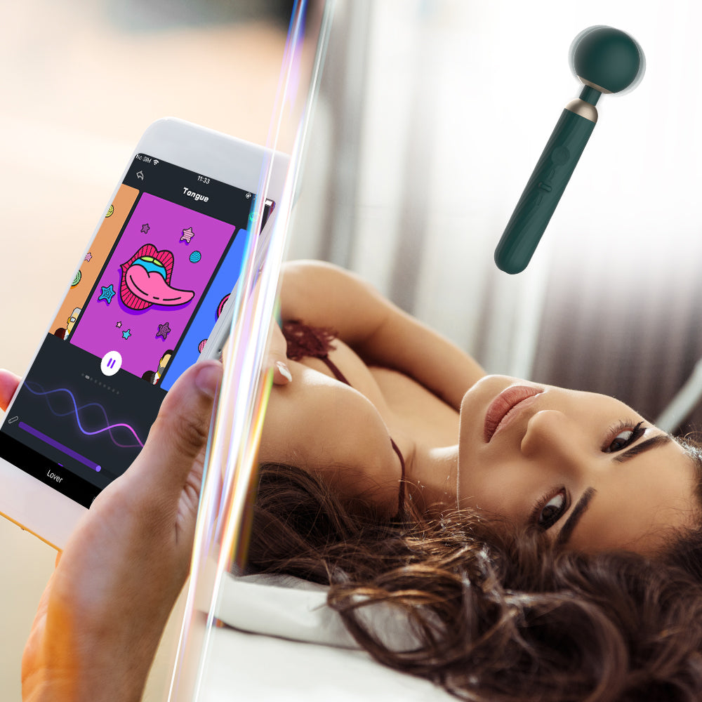 App-controlled massage wand near smartphone, dark teal body with round silicone head