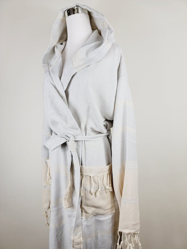 Light white robe with hood, wrap collar, tie belt, and two front pockets