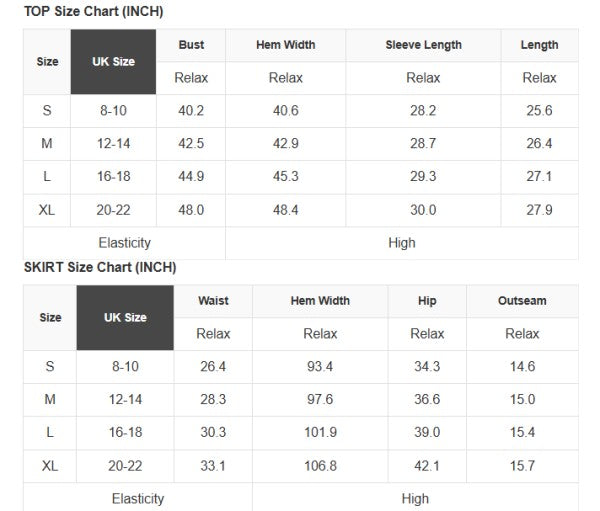 UK size chart for top and skirt set: S–XL bust, sleeve, waist, hem width