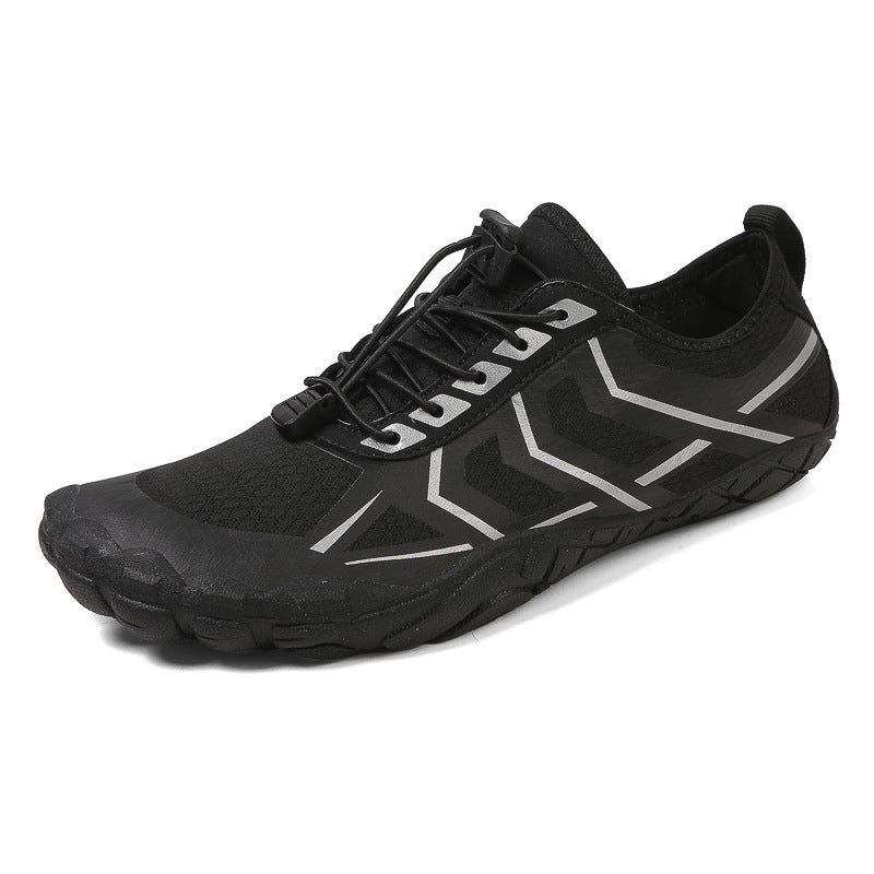 Men and women travel leisure shoes, black knit lace-up with white chevron side panels