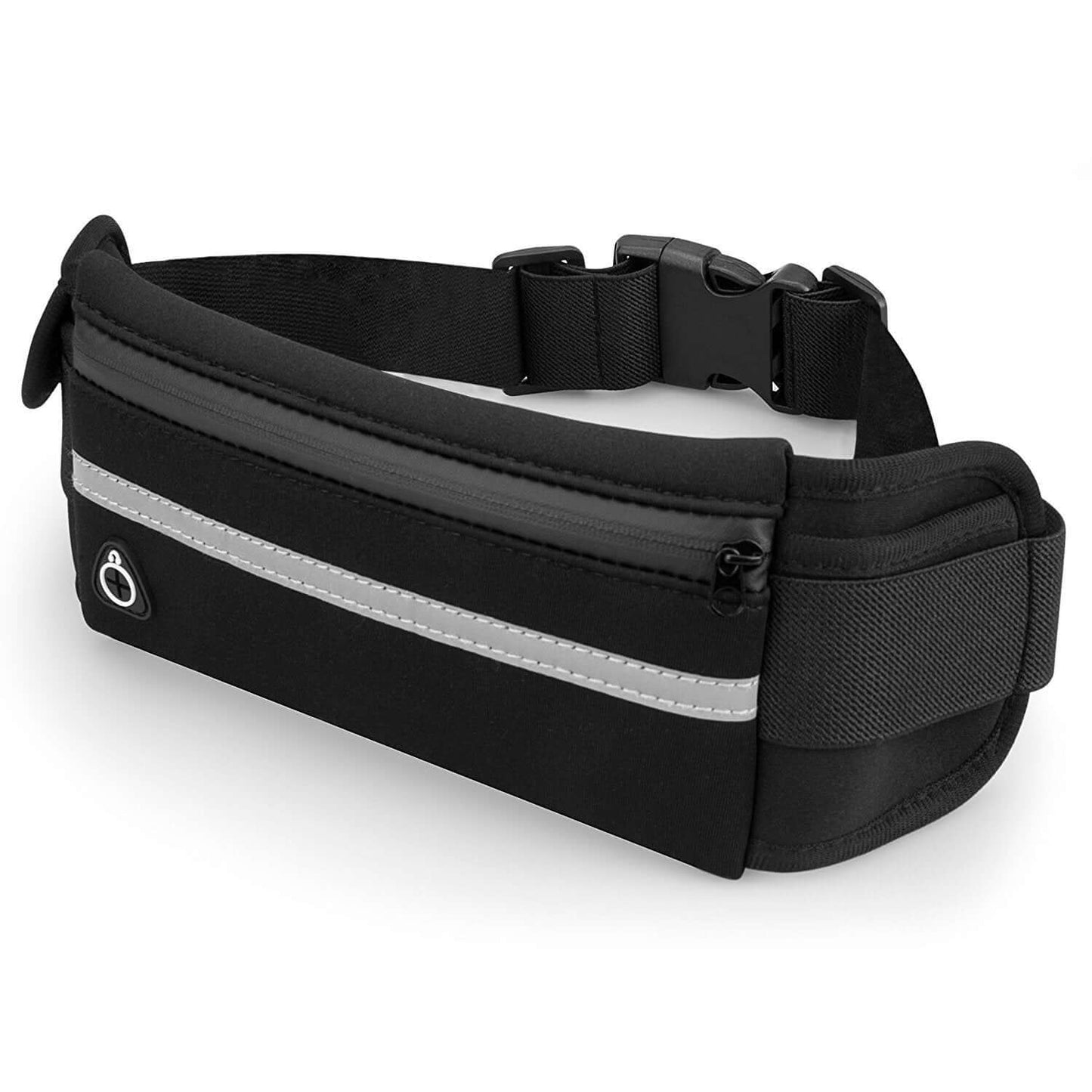 Black waist running belt with zip pocket and reflective stripe
