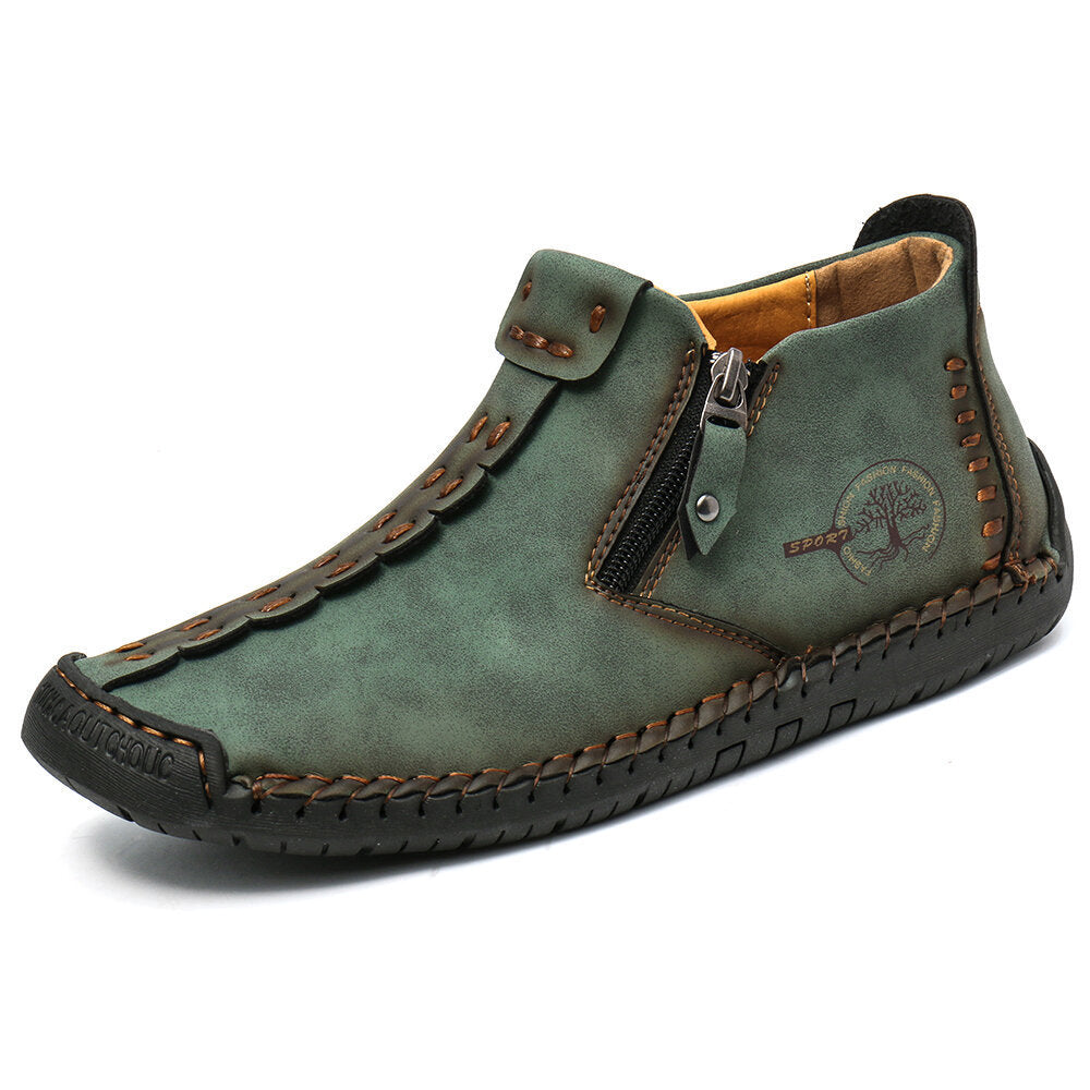 Men's ankle boots in dark green with side zipper and stitched leather upper