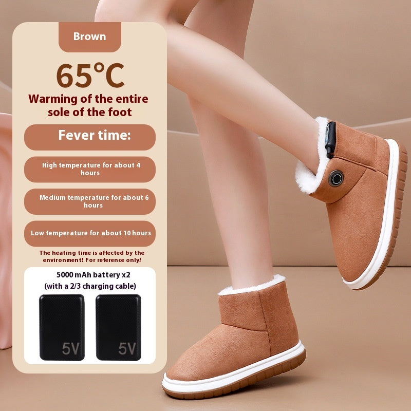 Brown electric heated cotton boots with faux-fur trim and side heating module