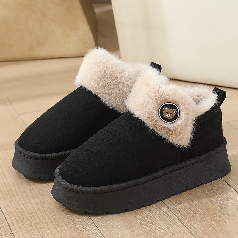 Black ankle wrap cotton slippers with cream plush cuff and bear button