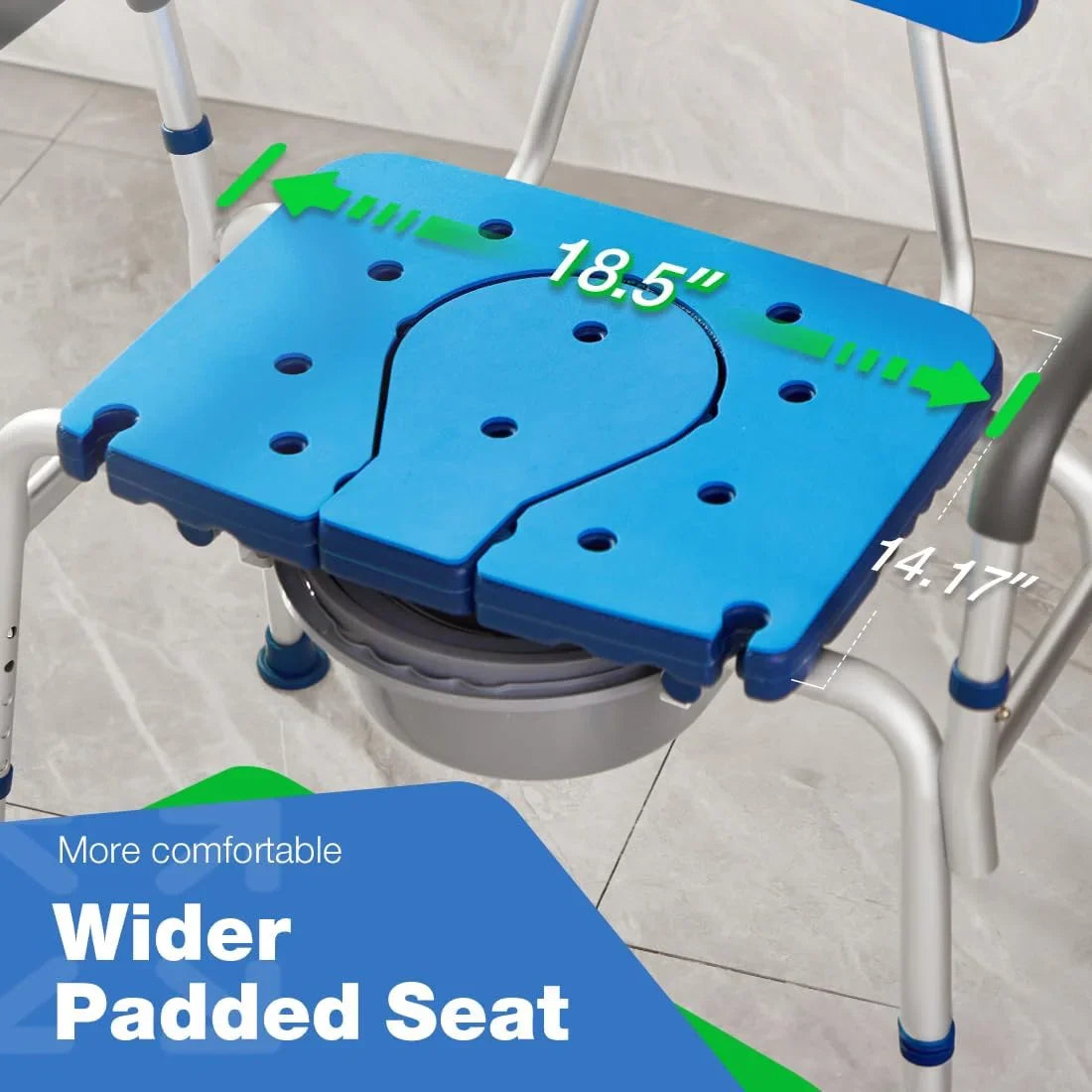 Close view of blue padded seat with circular drain openings over gray commode pan