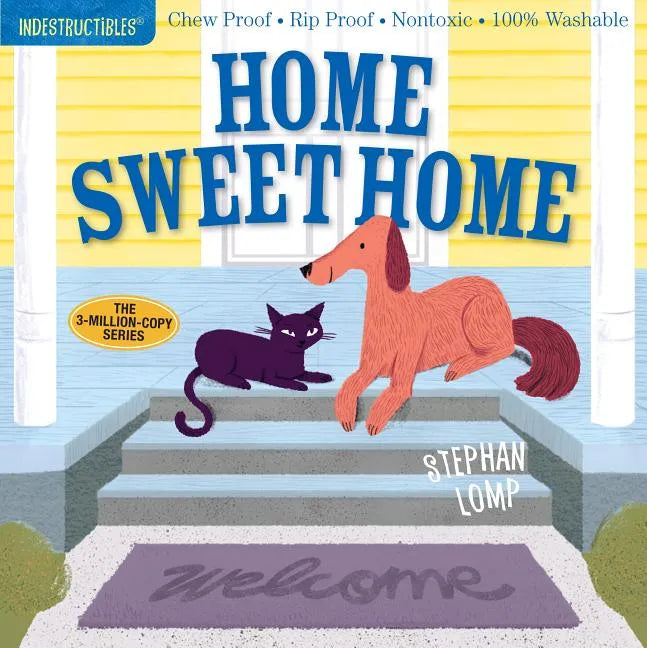 Chew-proof baby book cover with “HOME SWEET HOME” title and cat with orange dog
