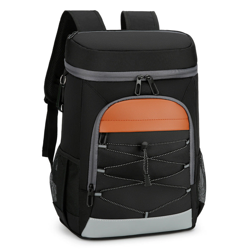 Black insulated backpack with orange front panel, zippered front pocket, and mesh side panel