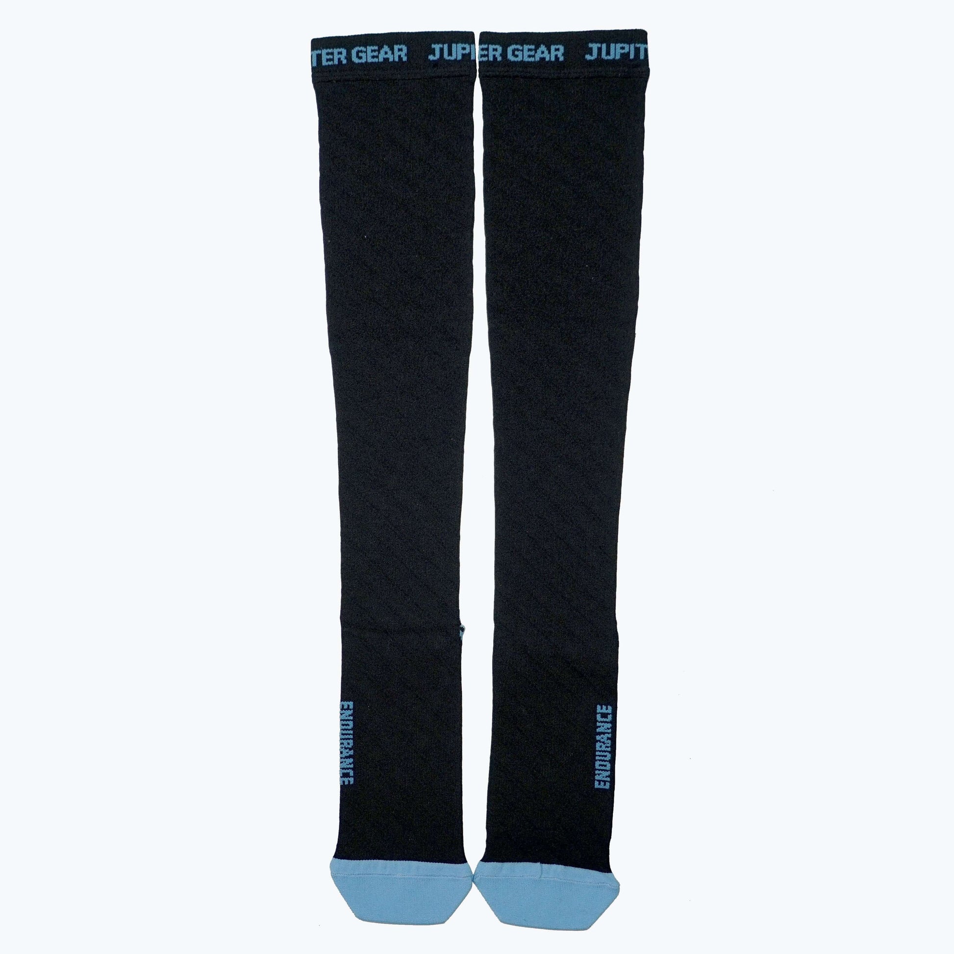 Pair of dark compression socks with blue heel/toe and blue-striped accents