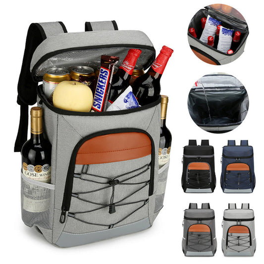 Gray insulated picnic backpack with orange front panel, mesh side pockets, and open food compartment