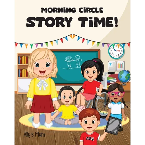 Kids storybook paperback cover: cartoon children in circle, classroom board, title text.