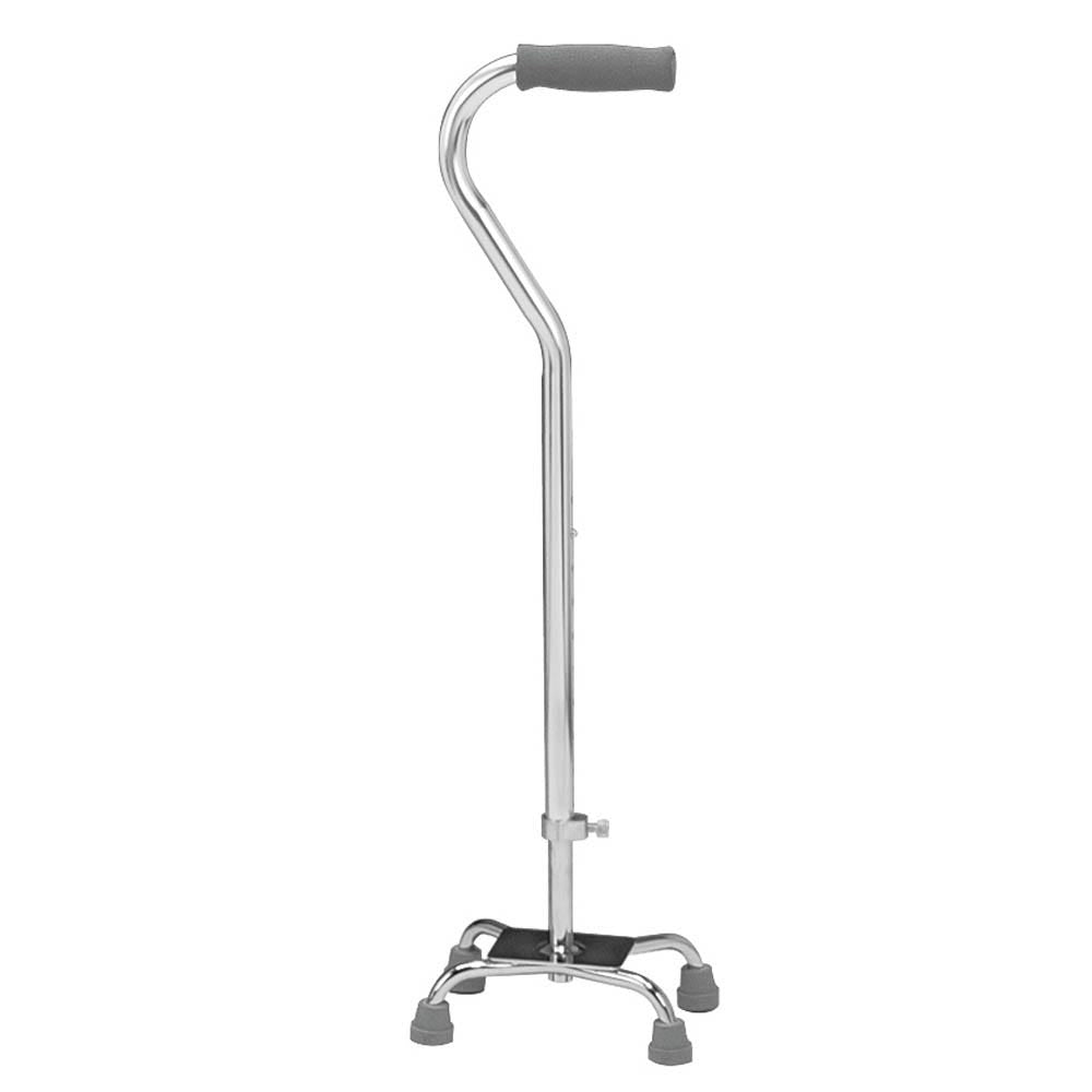 Silver offset quad cane with padded handle and four-foot base