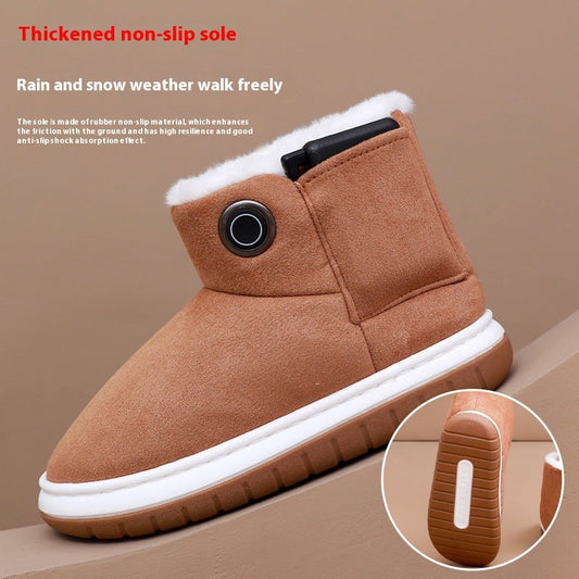 Khaki electric heated cotton boots with faux-fur lining and round heating control