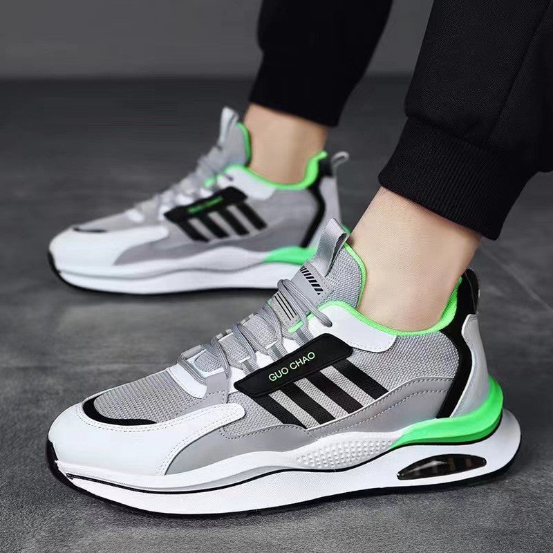Breathable mesh sneakers in light gray and white with neon green accents