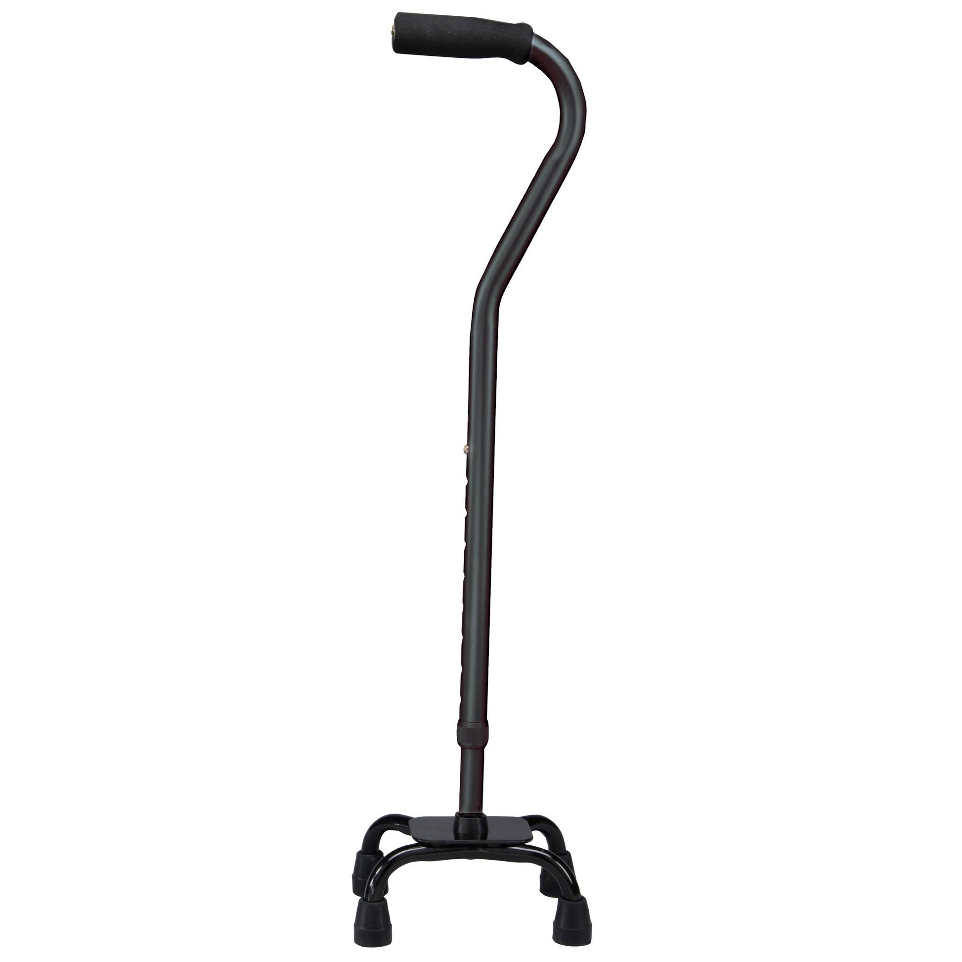 Black offset quad cane with small four-point base and padded handle