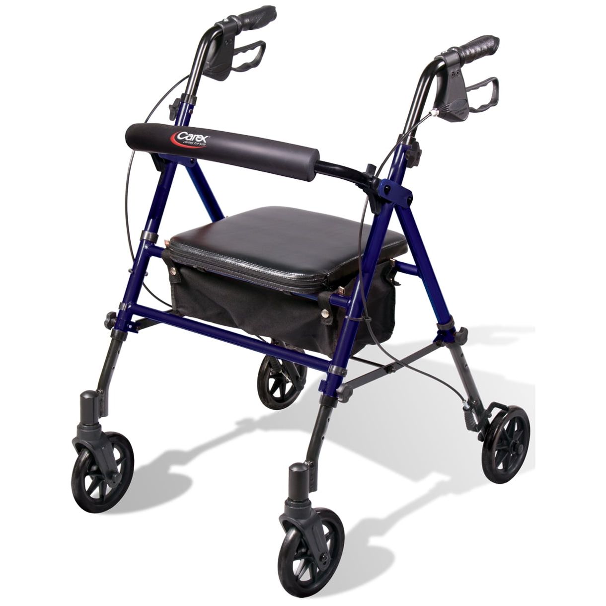 Blue rolling walker with padded seat, black armrests, and storage pouch