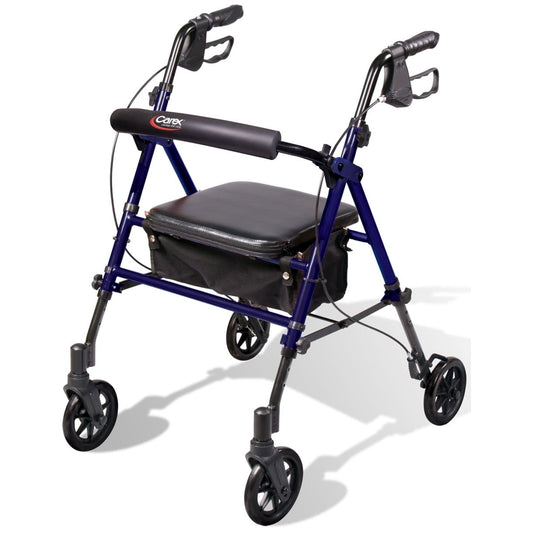 Blue rolling walker with padded seat, black armrests, and storage pouch