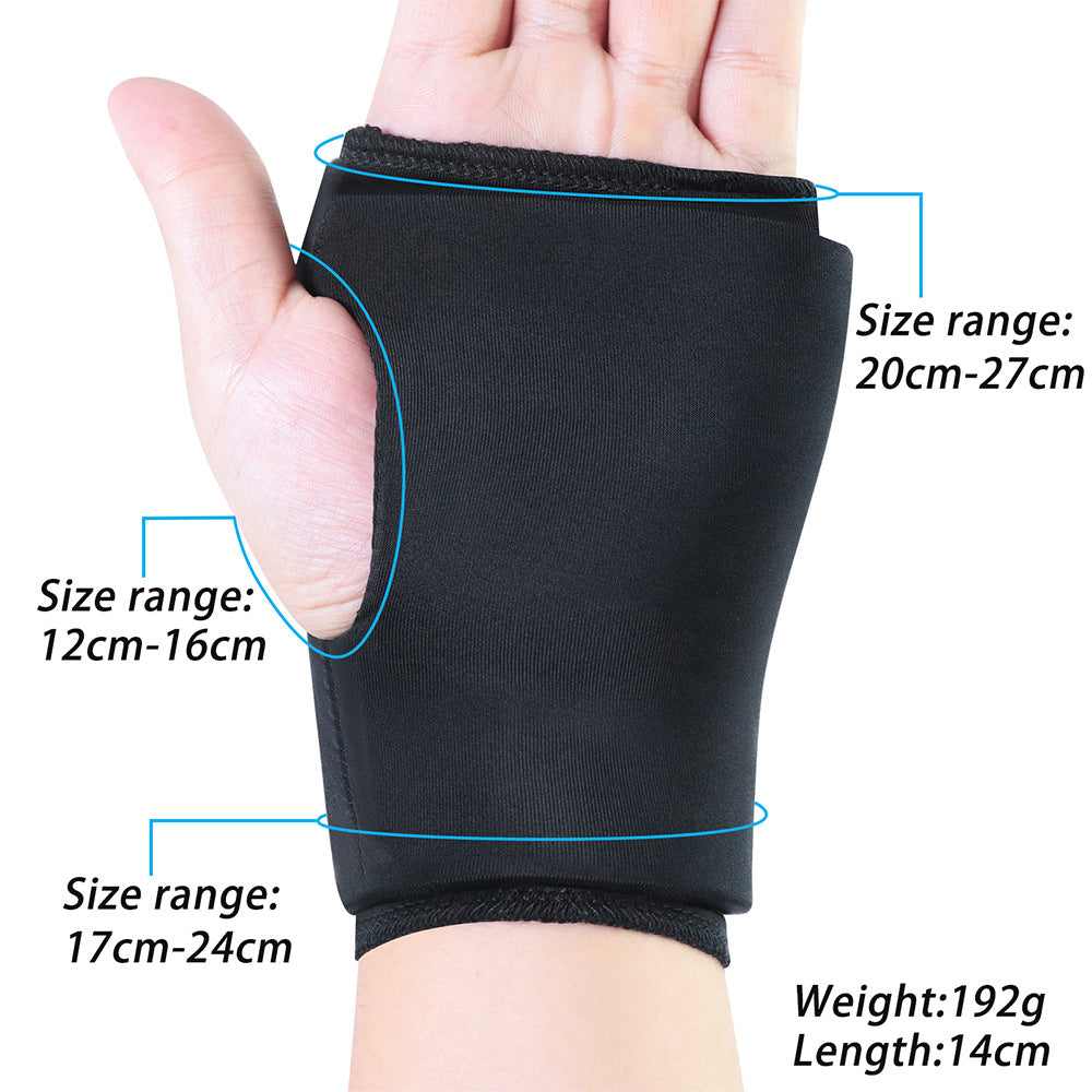 Black wrist brace wrap on hand with size-mark graphic and adjustable cushioned band