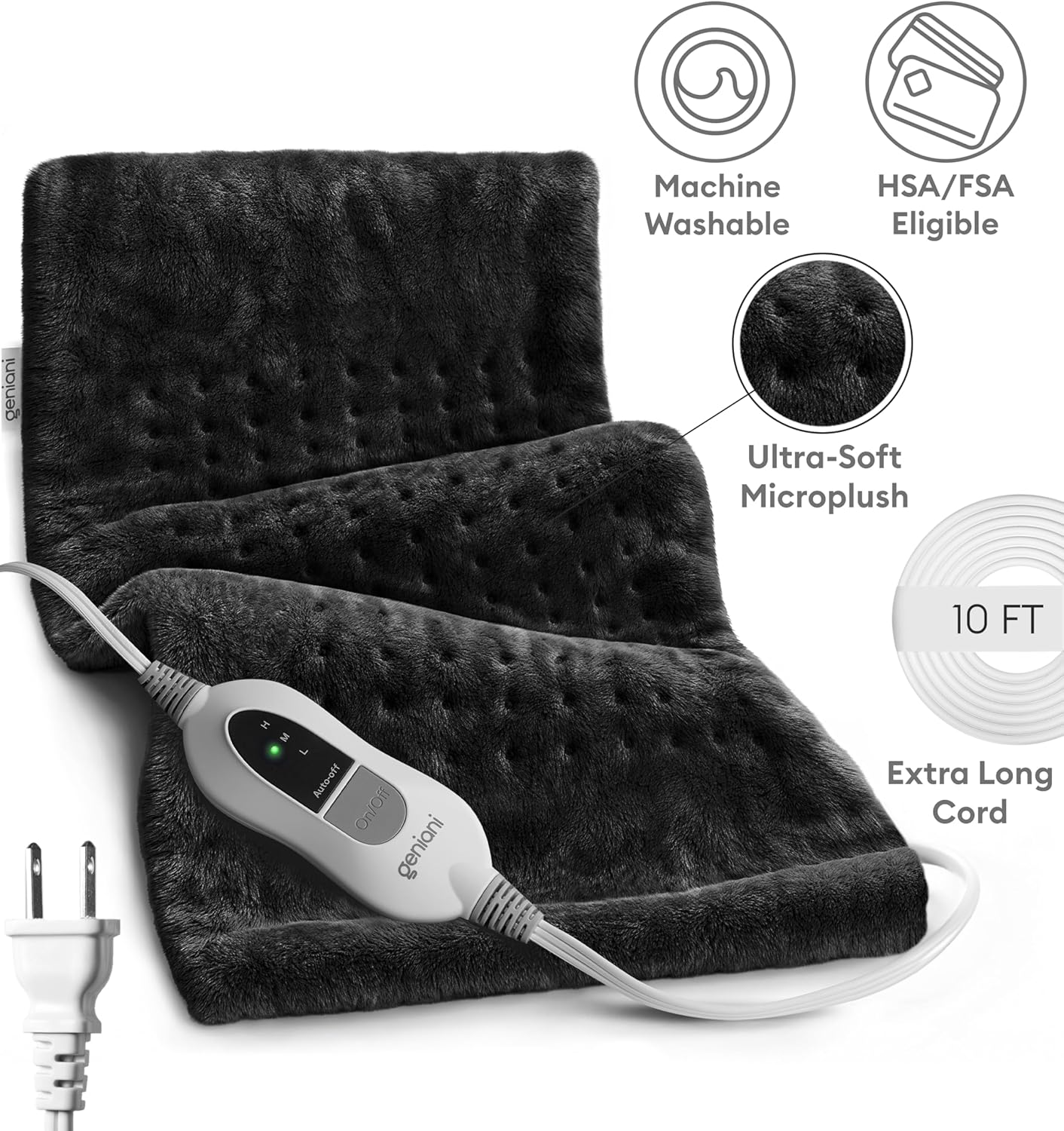 Black heating pad with long 10 ft cord and ultra-soft microplush surface