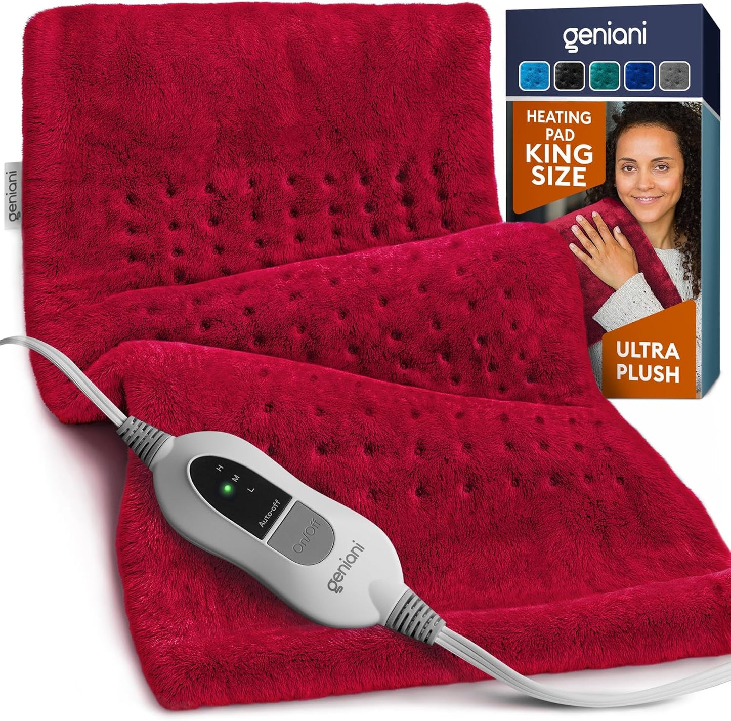 Viva magenta XL heating pad with plush dotted cover and inline temperature controller