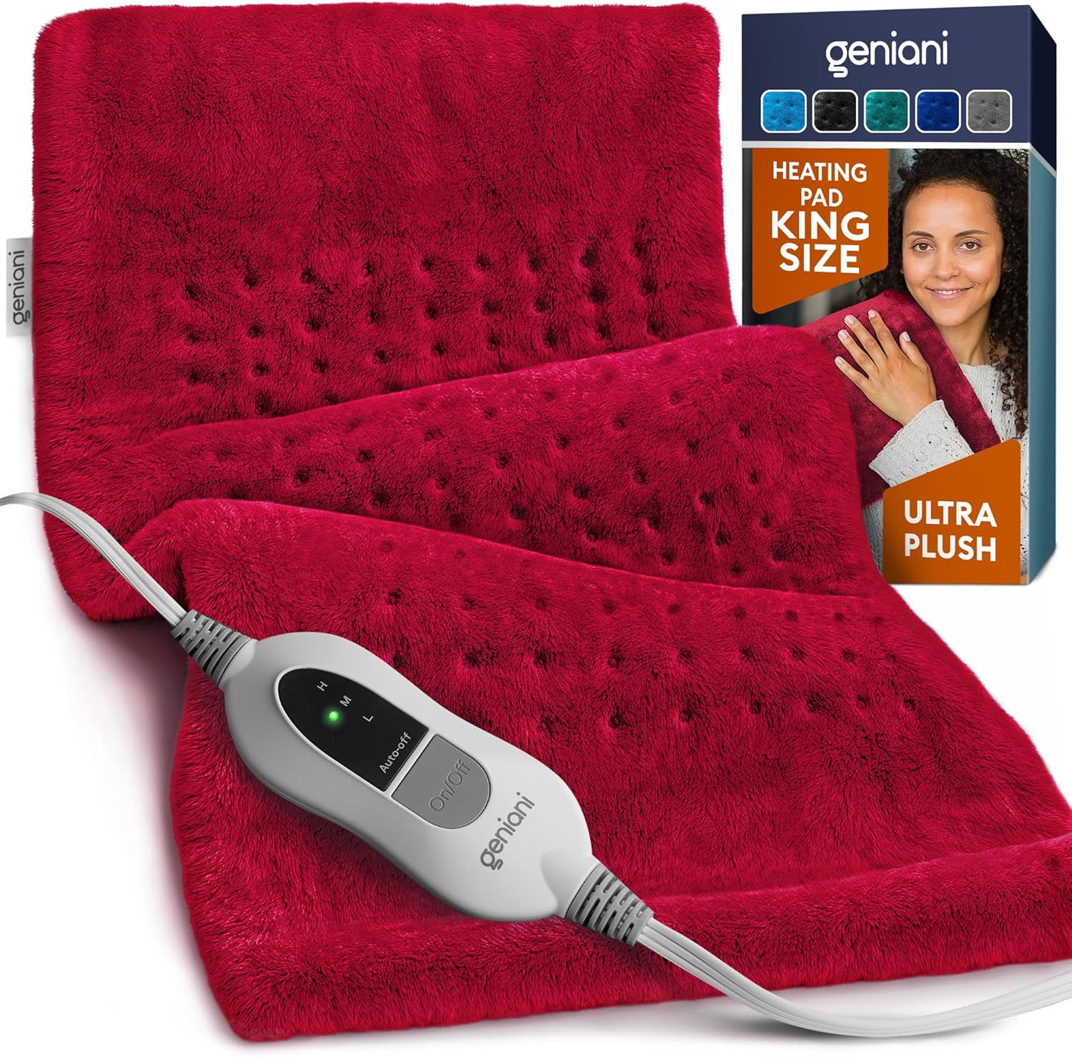 Viva magenta XL heating pad with plush dotted cover and inline temperature controller