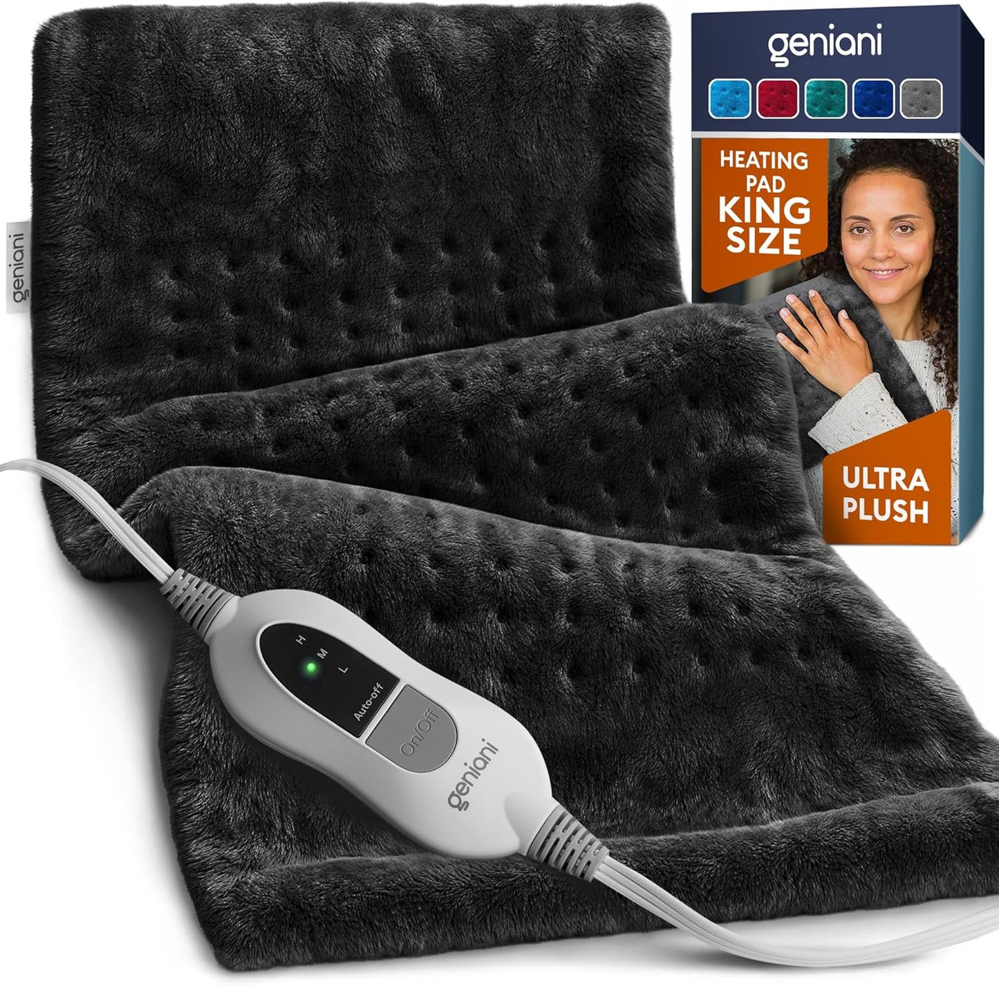 Black ultra-plush heating pad with controller and long power cord; king-size pad