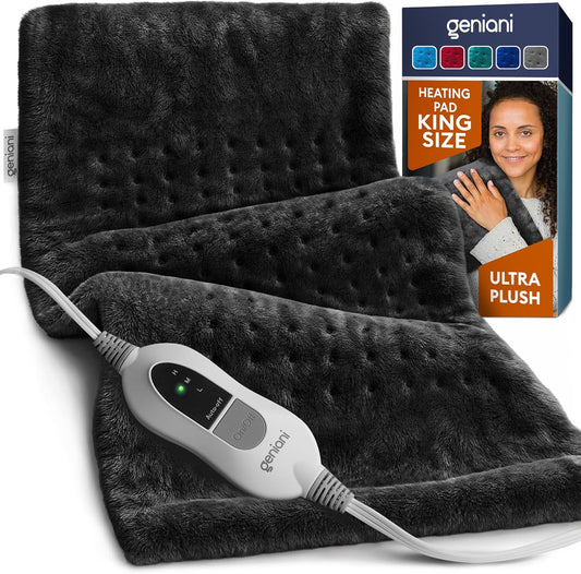 Black ultra-plush heating pad with controller and long power cord; king-size pad