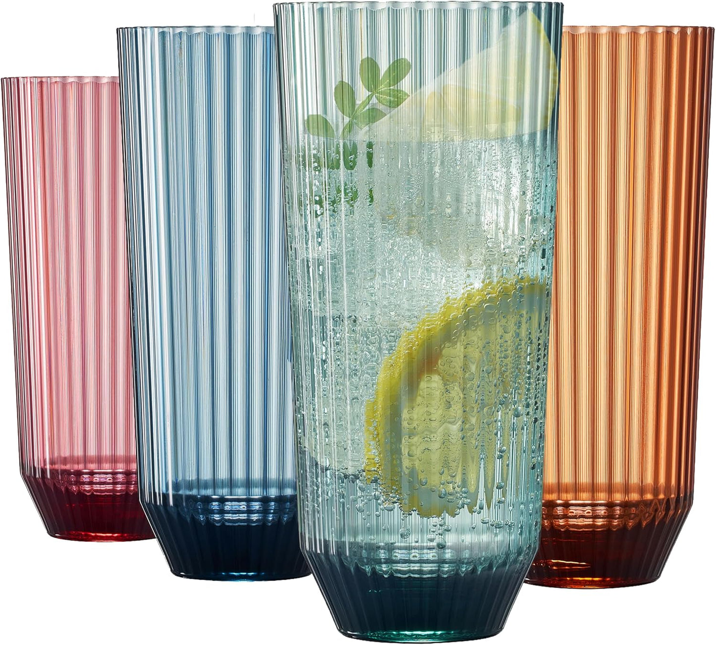 Set of four tall ribbed drinking glasses, muted blue, green, amber and rose