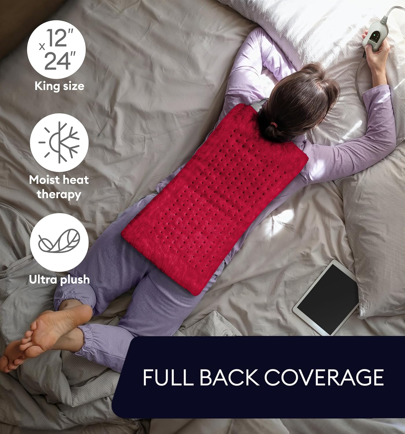Viva magenta king-size heating pad on bed with controller near top edge