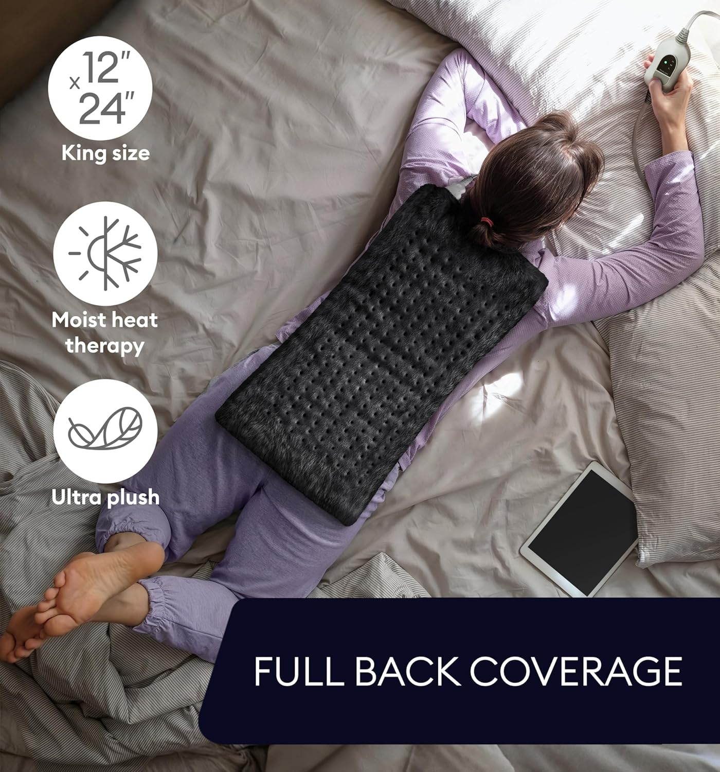 Black heating pad on bed with wired controller; full back coverage design