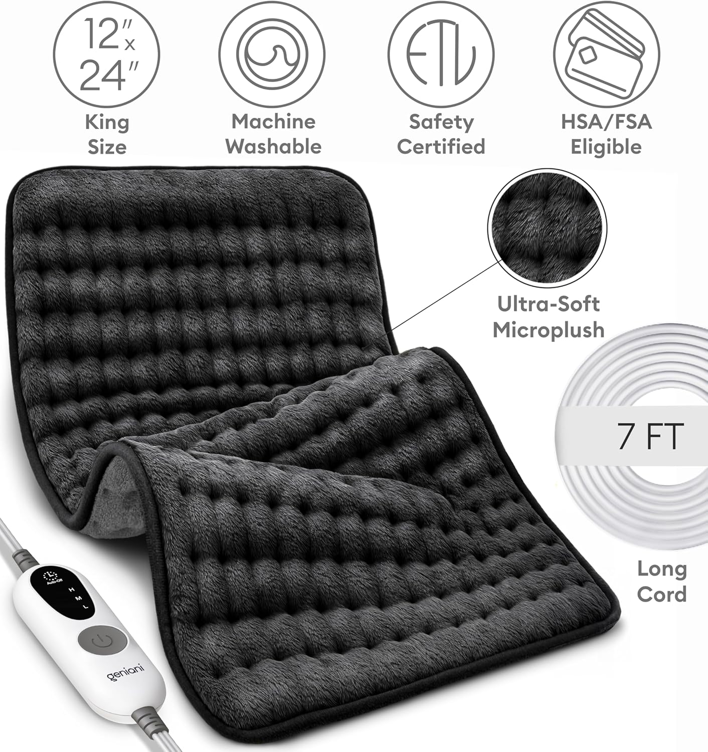 XL black plush heating pad with long white cord and handheld controller