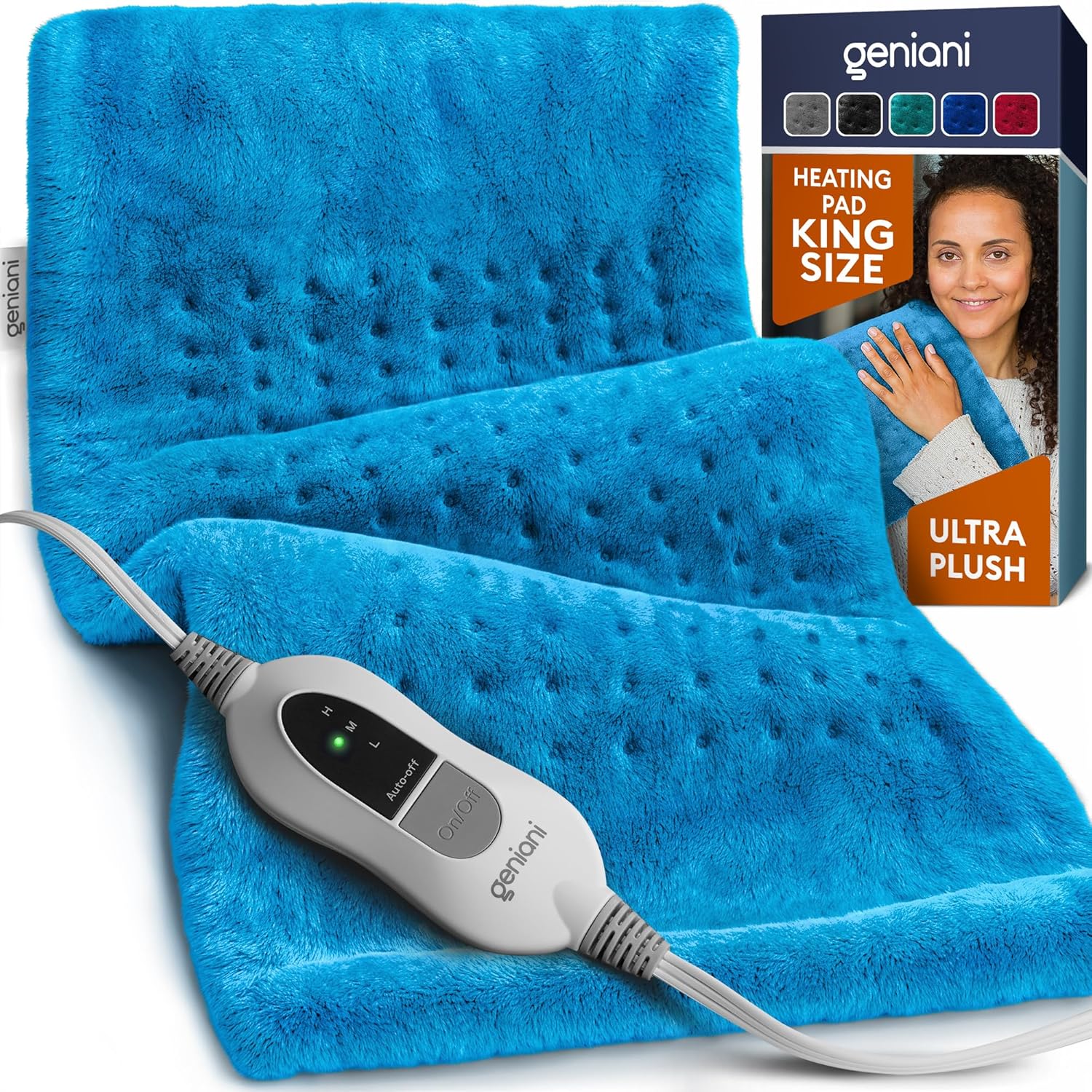 Aqua blue plush heating pad XL with dotted texture and attached controller cable