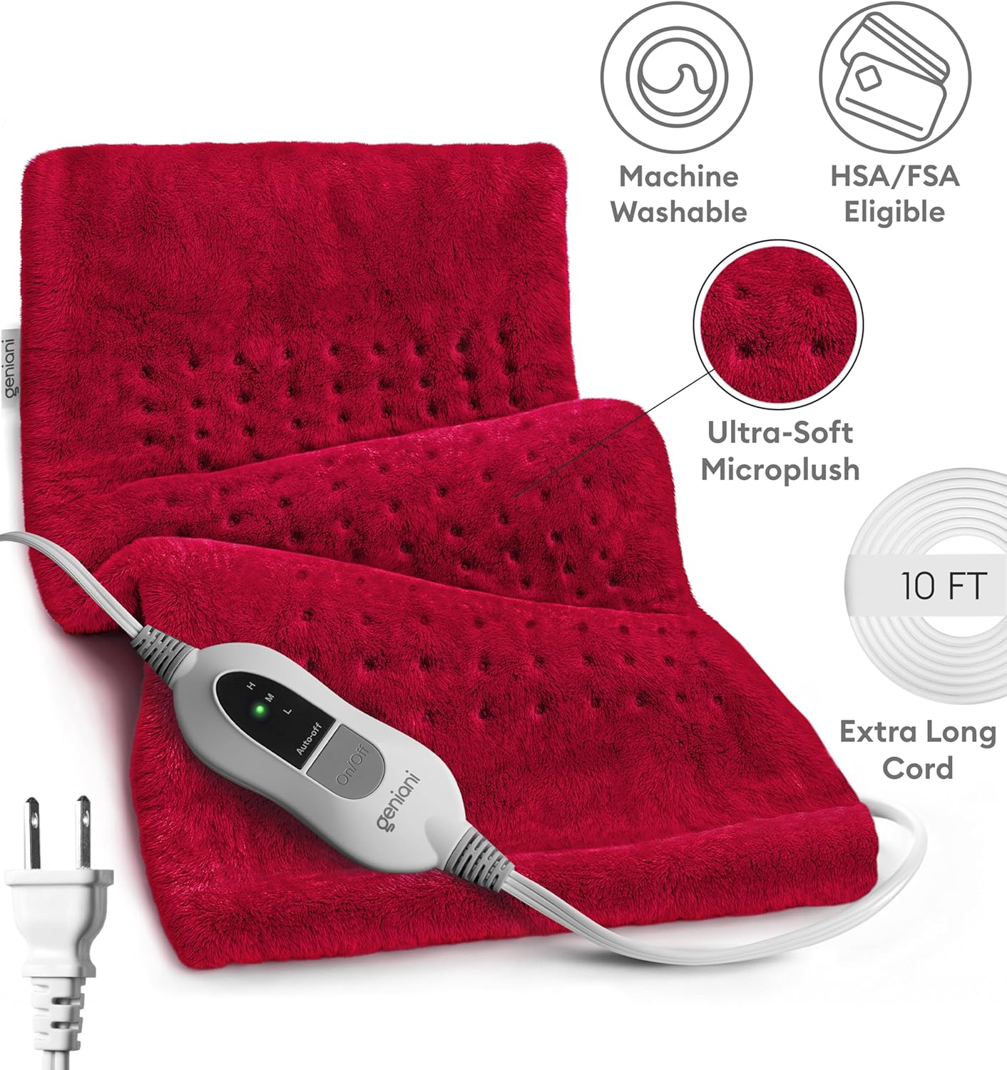 Viva magenta heating pad set with extra-long cord, plush dotted cover and controller