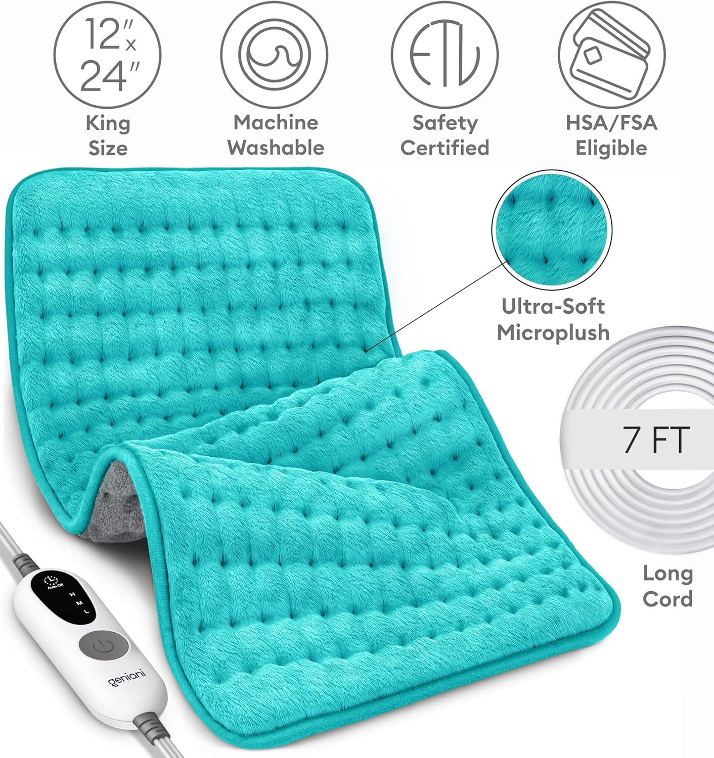 Viridian green XL double heating pad with long cord and ultra-soft microplush