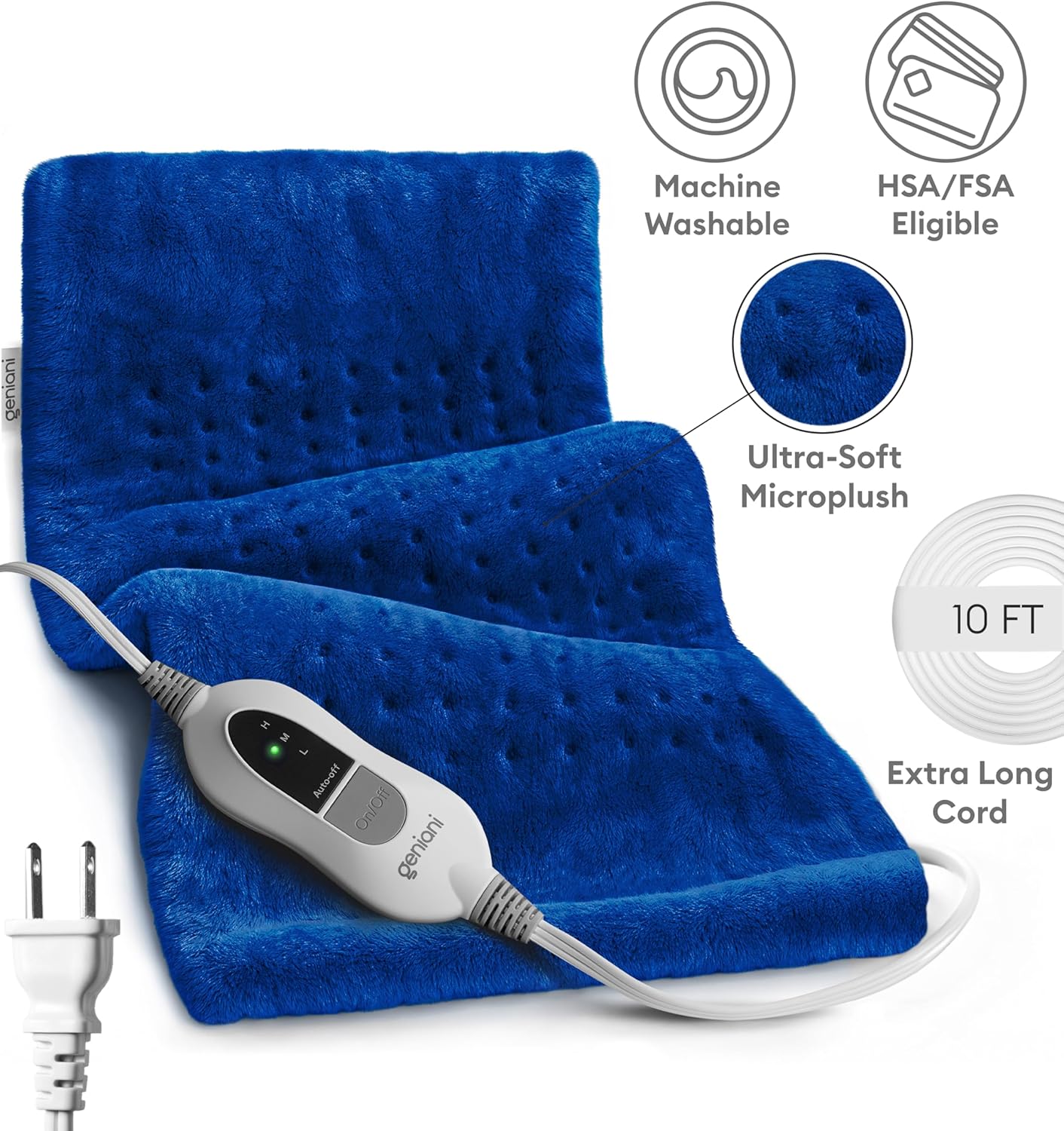 Space blue king-size heating pad with controller and 10 ft extra-long cord