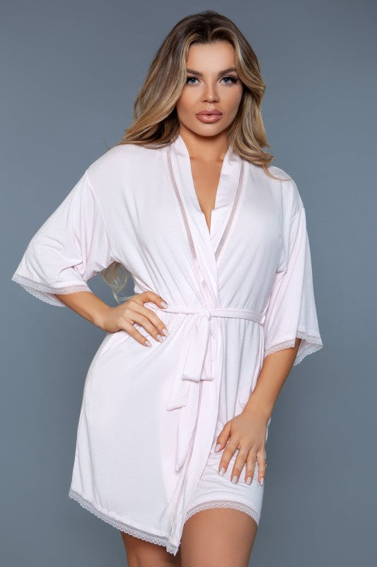 White robe with V-neck, tie belt waist, short sleeves, and lace trim hem