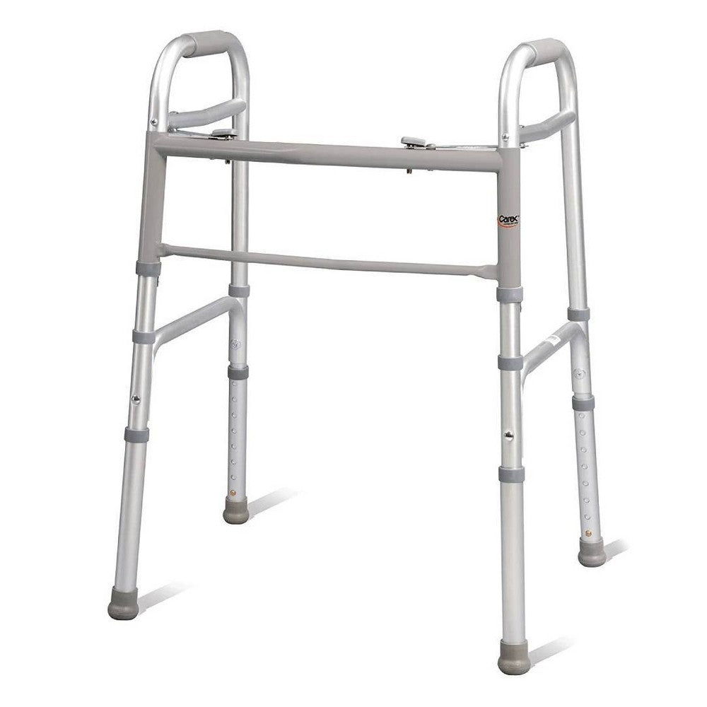 Folding walker with padded handgrips, light gray metal frame and four legs