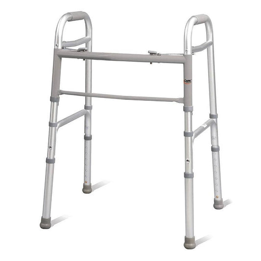 Folding walker with padded handgrips, light gray metal frame and four legs