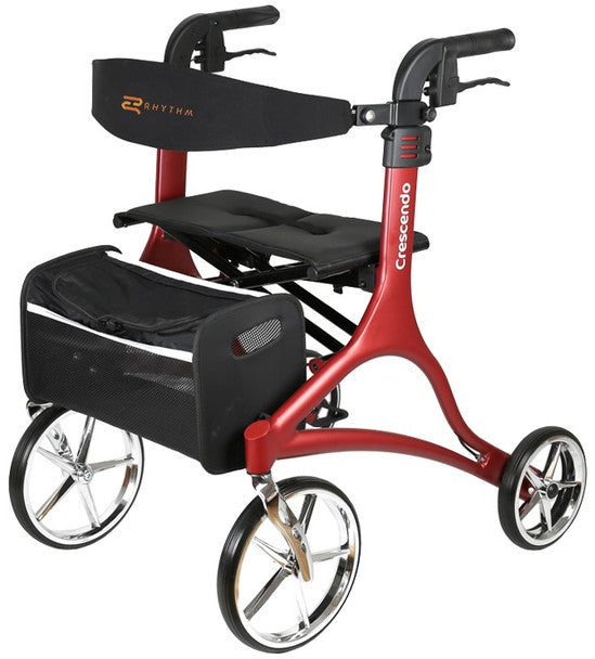 10" caster rollator with red frame, black padded seat, and front storage pouch