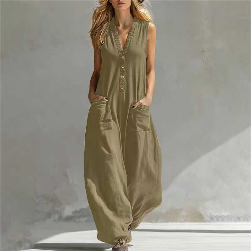 Olive green sleeveless wide-leg jumpsuit with V-neck button front and side pockets.
