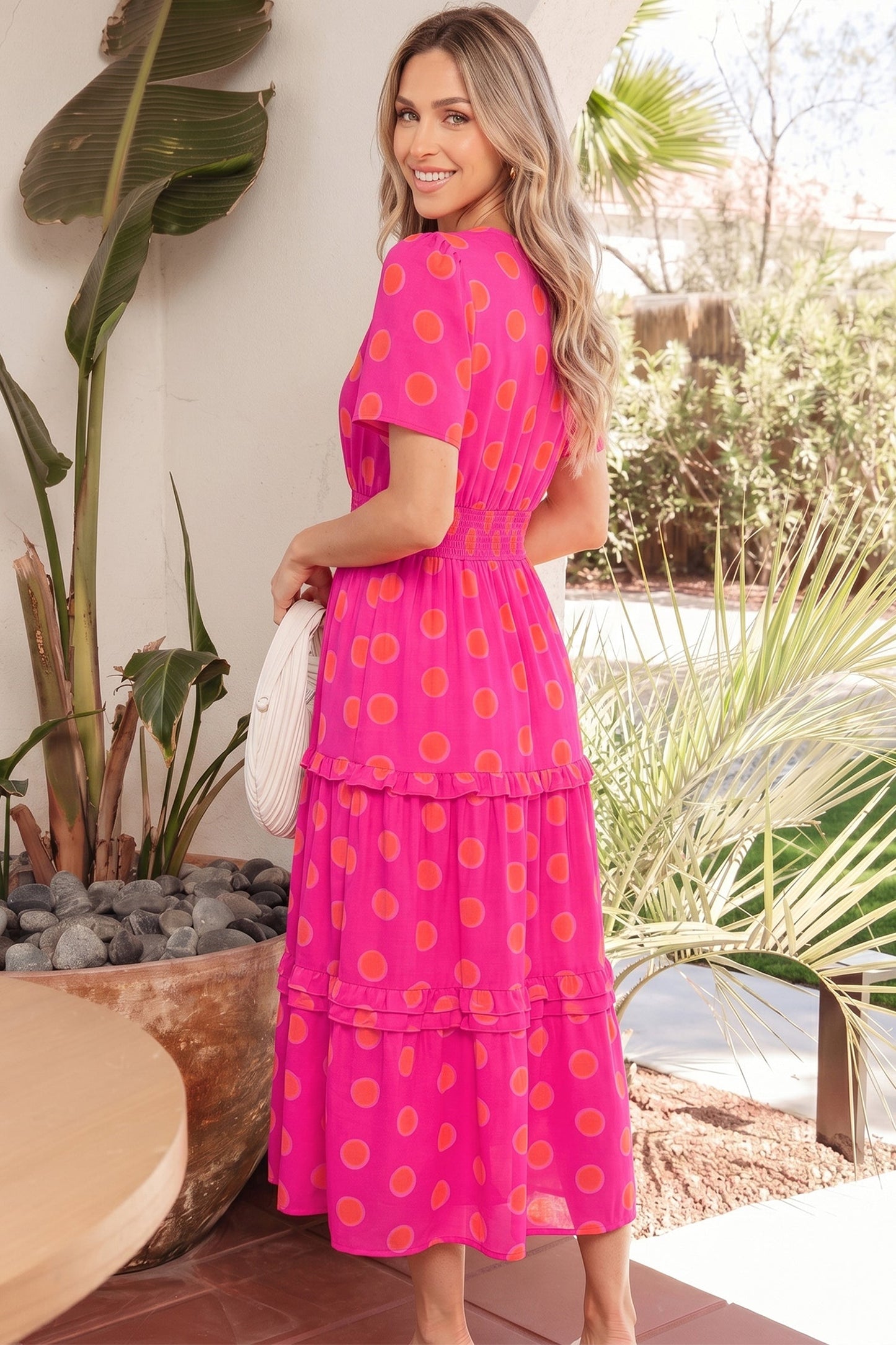 Rose high-waist tiered midi dress with yellow dot print, V-neck, short puff sleeves