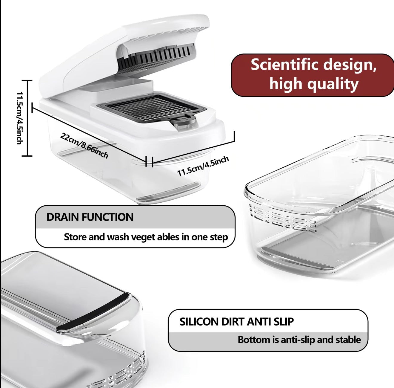 White multi-blade vegetable chopper base with clear container and drain function tray