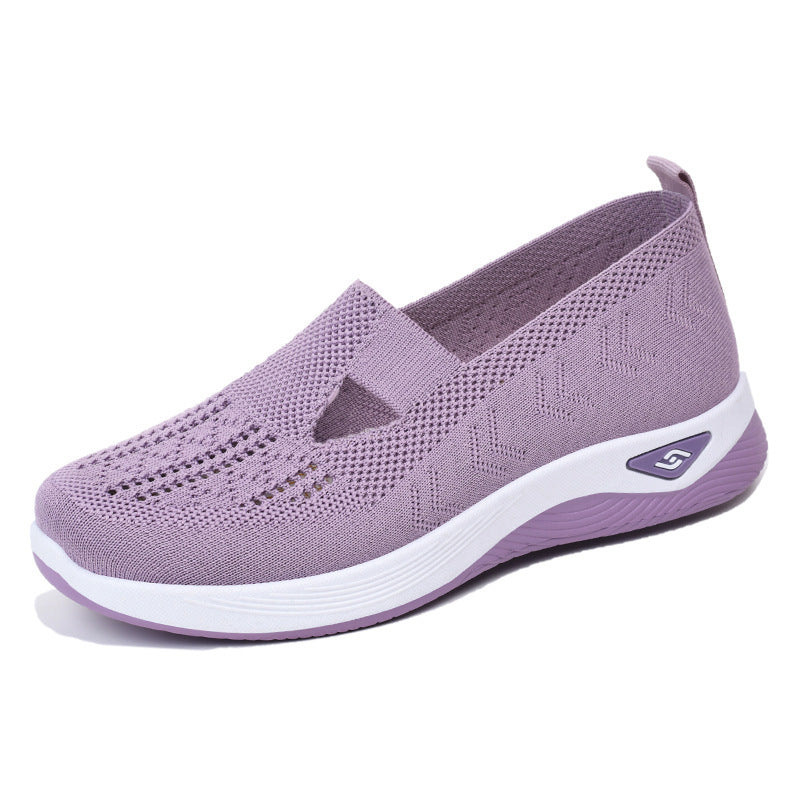 Women’s breathable mesh slip-on shoes, dusty purple with white sole and side logo patch