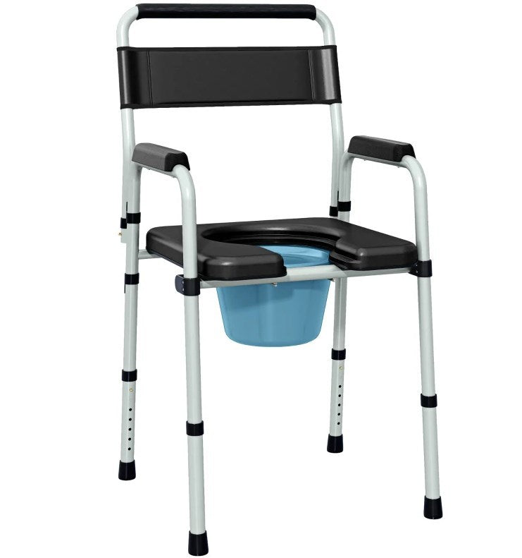 Adjustable commode chair with padded black seat, armrests, and removable blue bucket