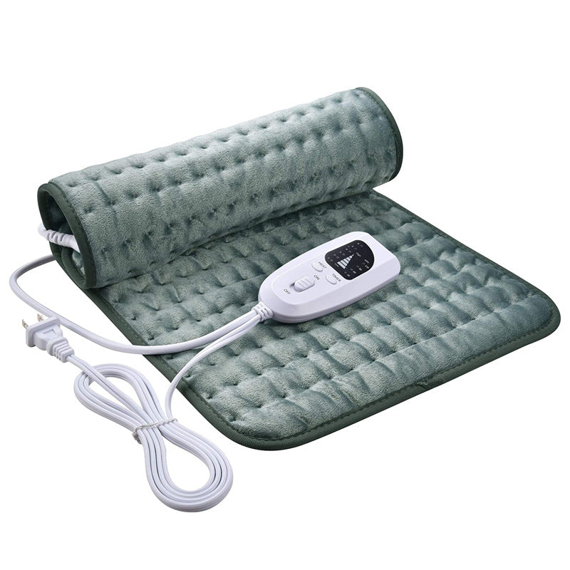 Single heating pad blanket, dark green quilted roll-up design with attached controller