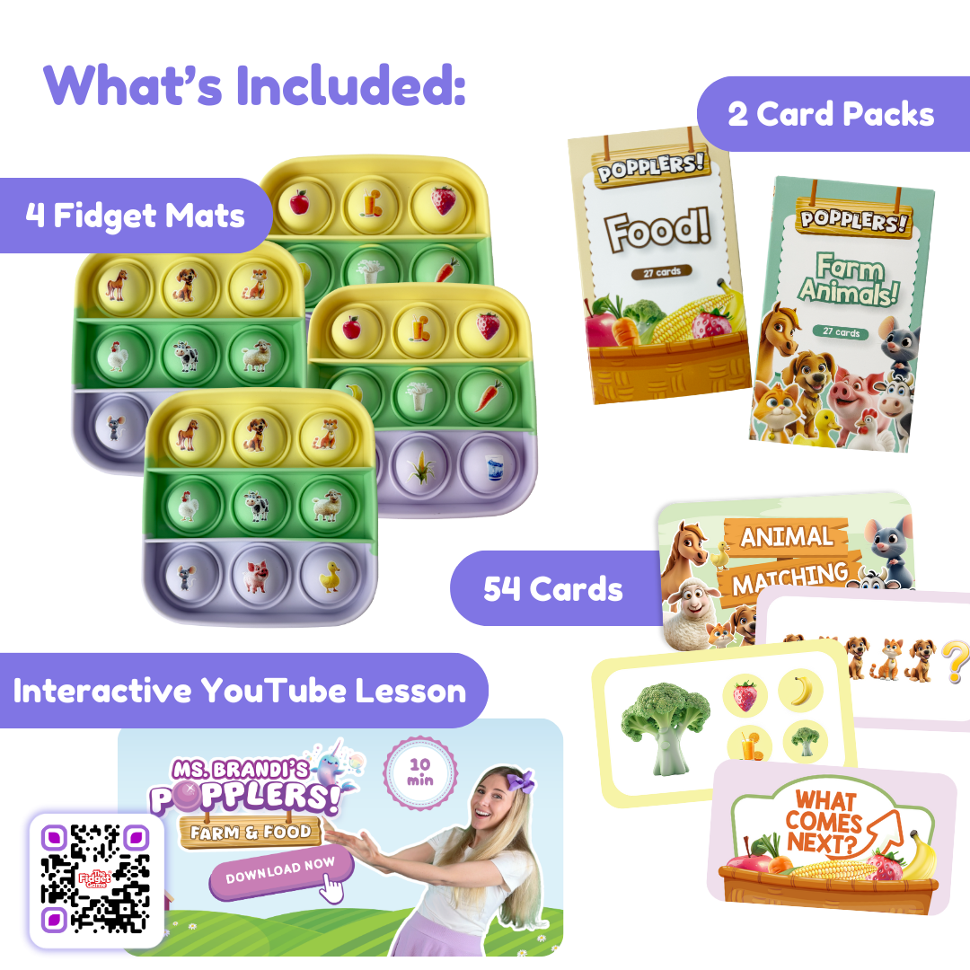 Popplers Farm & Food fidget mat set with card pack boxes