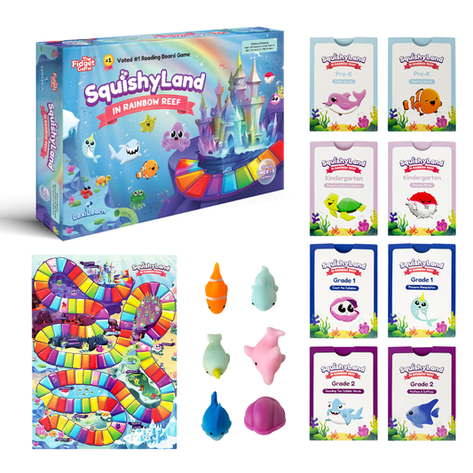 SquishyLand Rainbow Reef reading board game box with included card packs